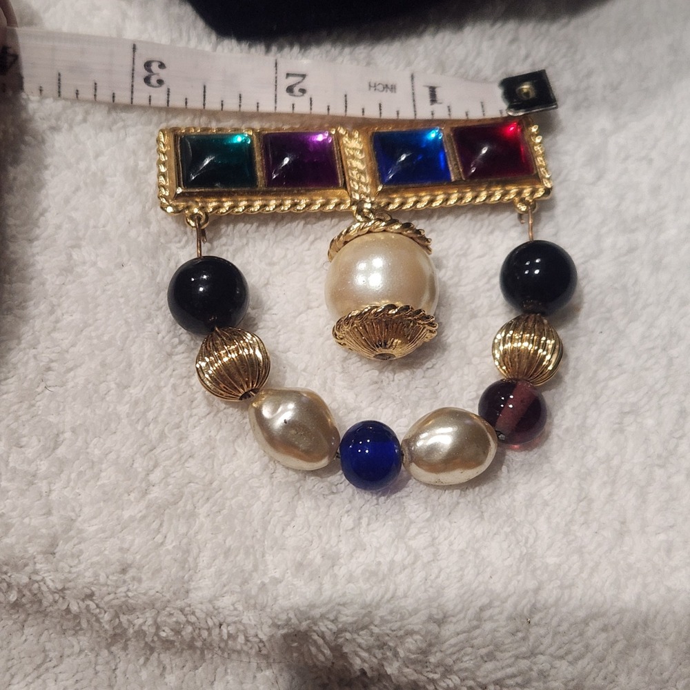 Vintage Gold Tone Multi Color Cabochon Faux Pearl Beaded Drop Statement‎ Brooch - Picture 8 of 9